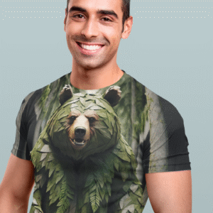 A bear made of forest textures walking through a concrete jungle