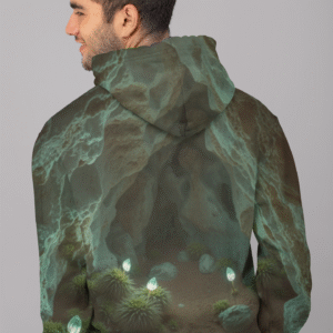 A crystal cave on Mars with glowing moss and alien plants