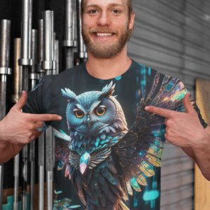 A futuristic owl with holographic wings perched on a glowing data branc