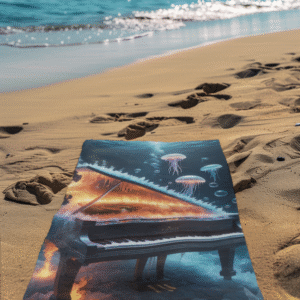 A piano underwater with jellyfish playing its keys and notes turning into bubbles