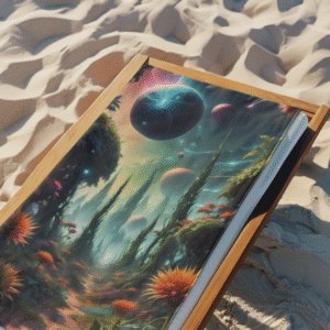 A garden of abstract shapes and alien plants glowing beneath twin suns