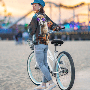 A cyborg llama wearing LED goggles and a jetpack