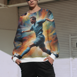 An expressive oil painting of a soccer player scoring