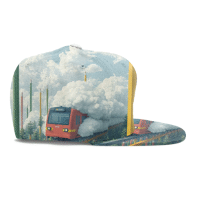 A subway train made of clouds zooming through a forest of giant pencils