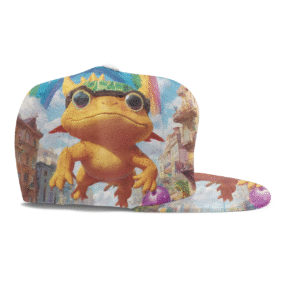 A frog with a crown riding a jellybean dragon over a candy city