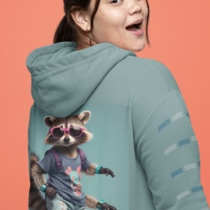 A raccoon wearing roller skates and oversized sunglasses