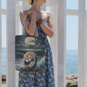 A sushi roll with ocean waves inside, glowing under a full moon