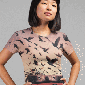 A cassette tape unraveling into a flock of birds flying into the sunset