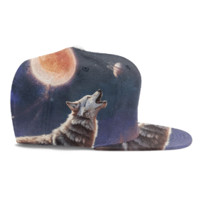 A wolf howling on a cliff made of stardust as planets orbit above